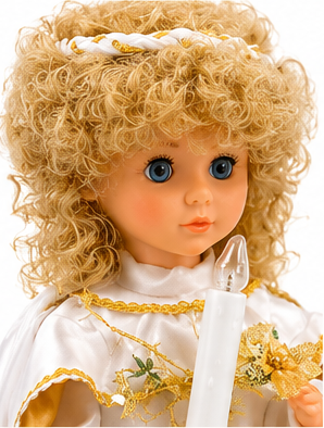Collectible Angel Doll Keepsake – White & Gold Satin Gown with Candle